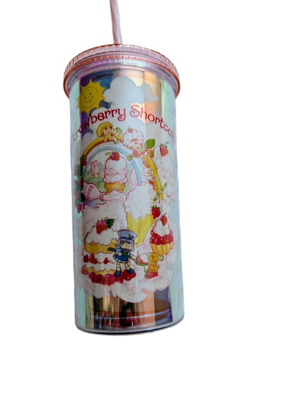 Strawberry Shortcake Rainbow Desserts Acrylic Pink Tumbler w/Straw 24 oz - New